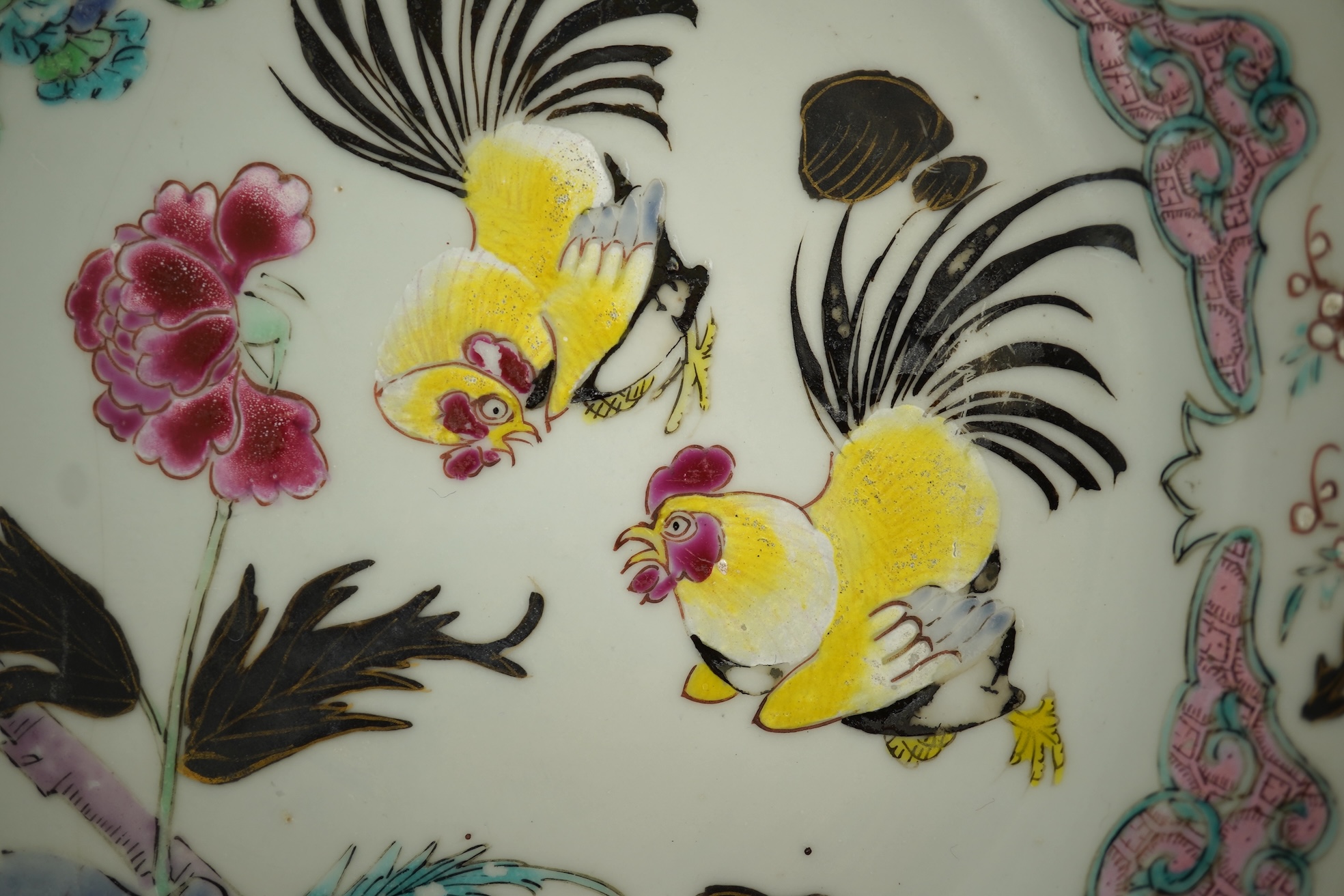 A pair of Chinese famille rose ‘cockerel’ octagonal plates, Yongzheng period